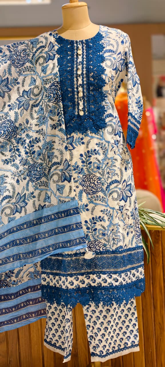 Crosia Lace Detailing Floral Printed Cotton Full Suit Set With Dupatta- 15406