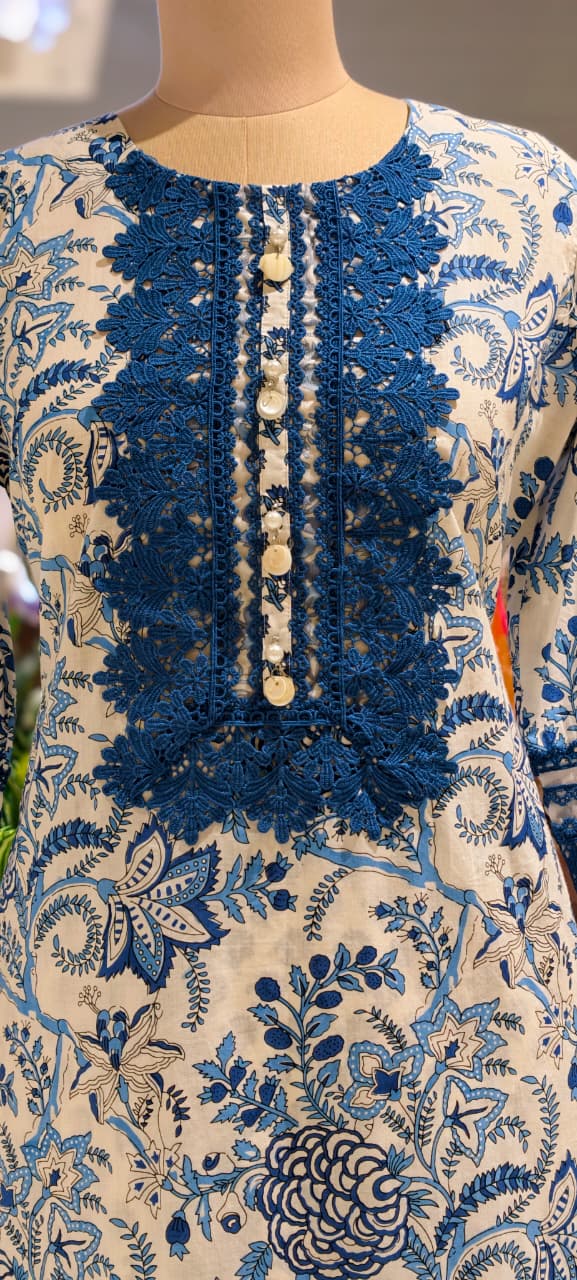 Crosia Lace Detailing Floral Printed Cotton Full Suit Set With Dupatta- 15406