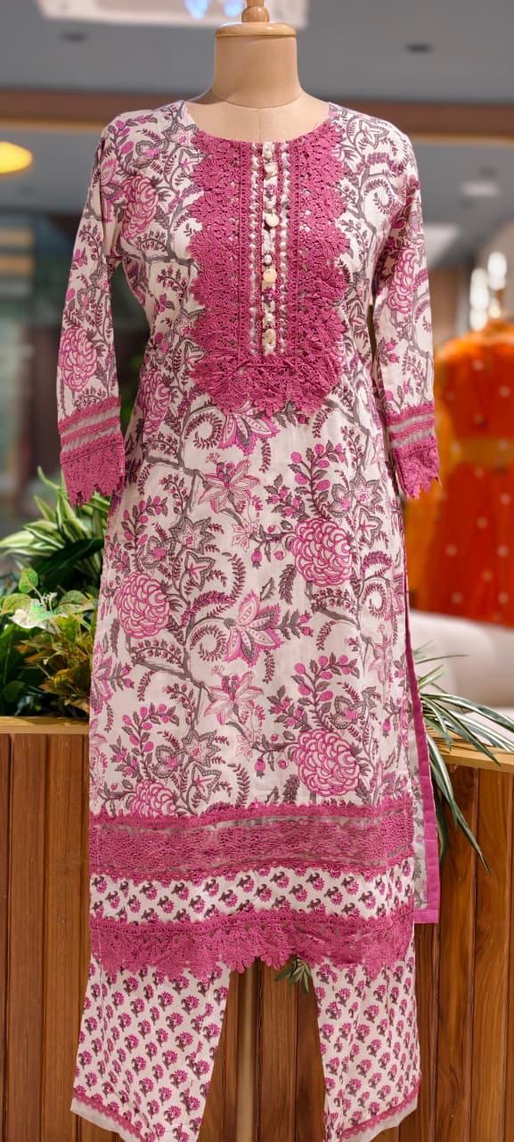 Crosia Lace Detailing Floral Printed Cotton Full Suit Set With Dupatta- 15406