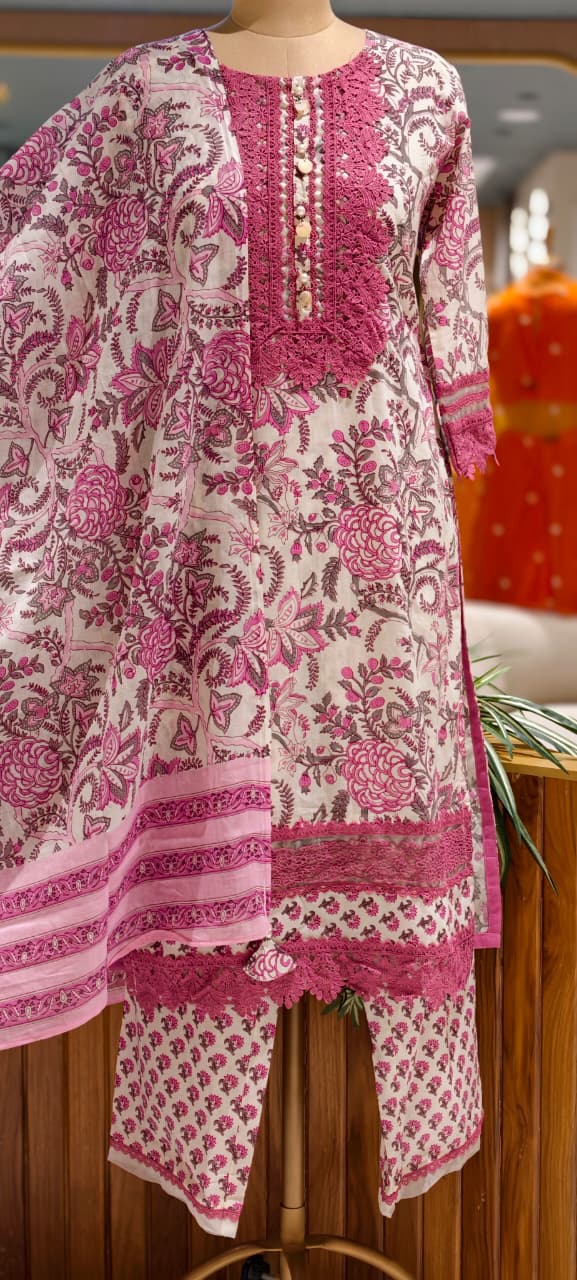 Crosia Lace Detailing Floral Printed Cotton Full Suit Set With Dupatta- 15406