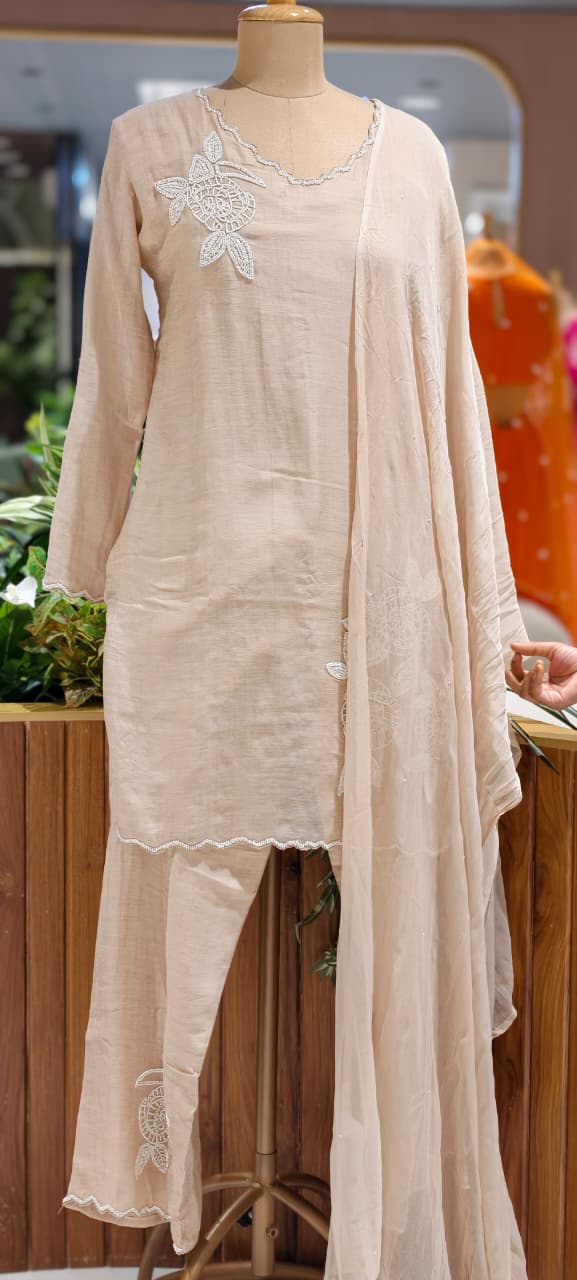 Elegant Tiny Cut-Dana Embellished Banarasi Mul Chanderi Full Suit Set With Dupatta