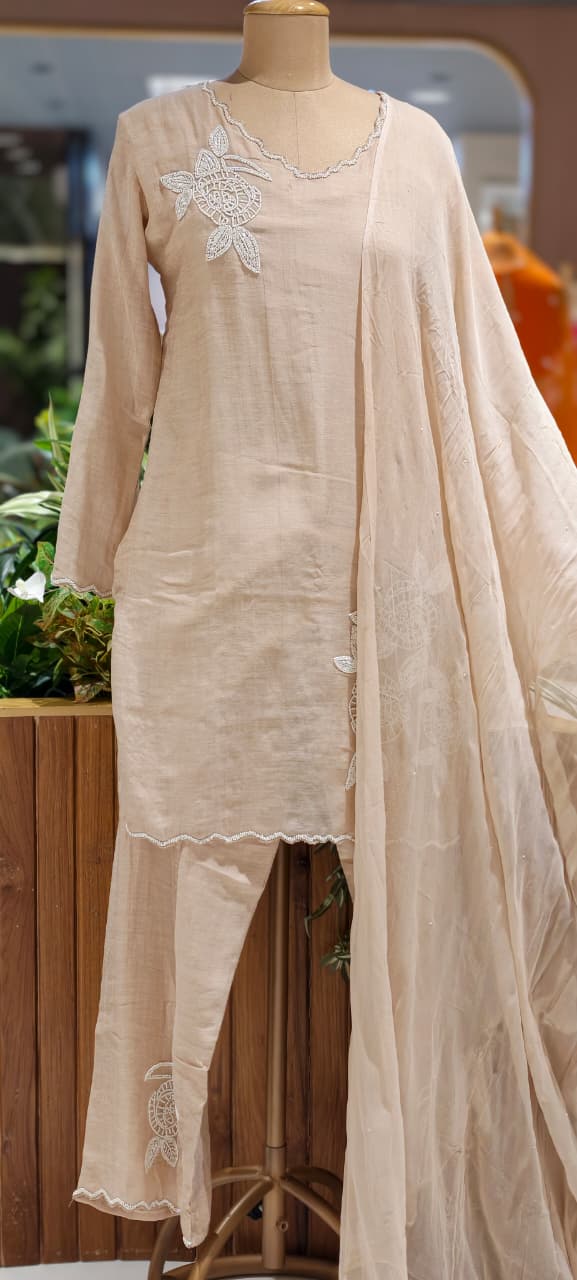 Elegant Tiny Cut-Dana Embellished Banarasi Mul Chanderi Full Suit Set With Dupatta