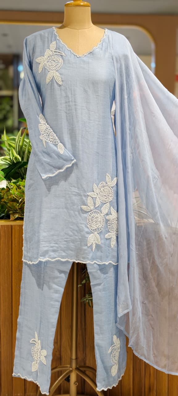 Elegant Tiny Cut-Dana Embellished Banarasi Mul Chanderi Full Suit Set With Dupatta
