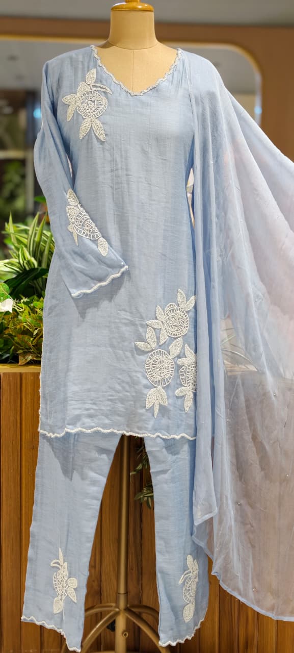 Elegant Tiny Cut-Dana Embellished Banarasi Mul Chanderi Full Suit Set With Dupatta