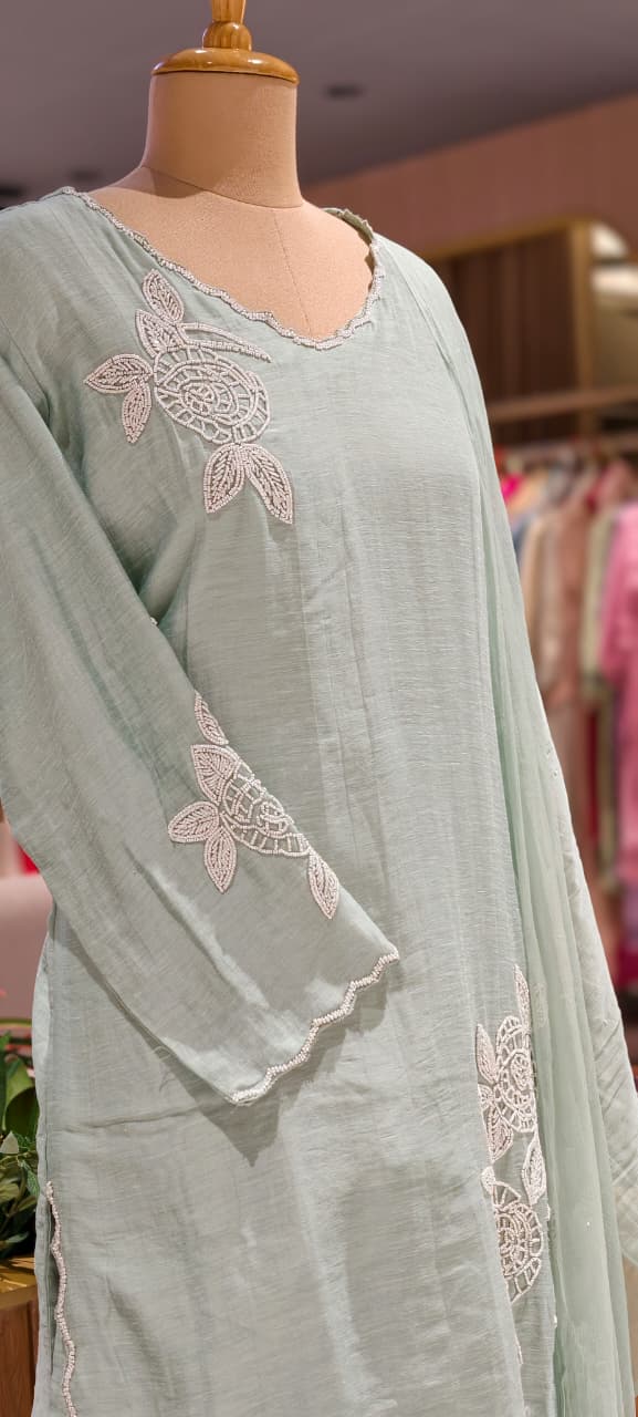 Elegant Tiny Cut-Dana Embellished Banarasi Mul Chanderi Full Suit Set With Dupatta