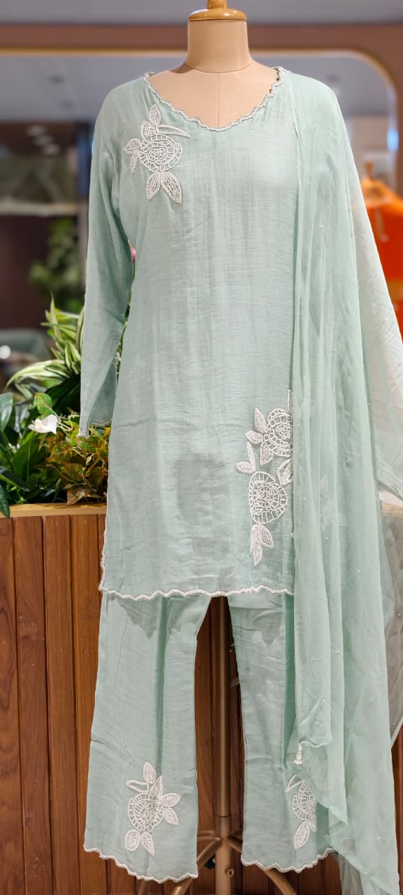 Elegant Tiny Cut-Dana Embellished Banarasi Mul Chanderi Full Suit Set With Dupatta