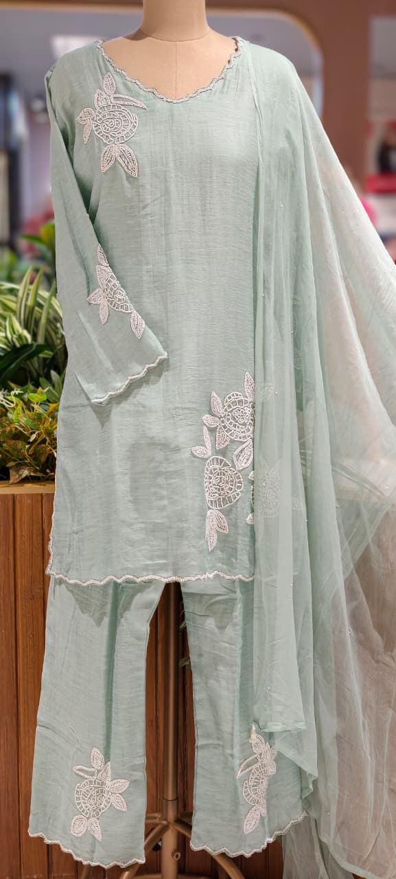 Elegant Tiny Cut-Dana Embellished Banarasi Mul Chanderi Full Suit Set With Dupatta