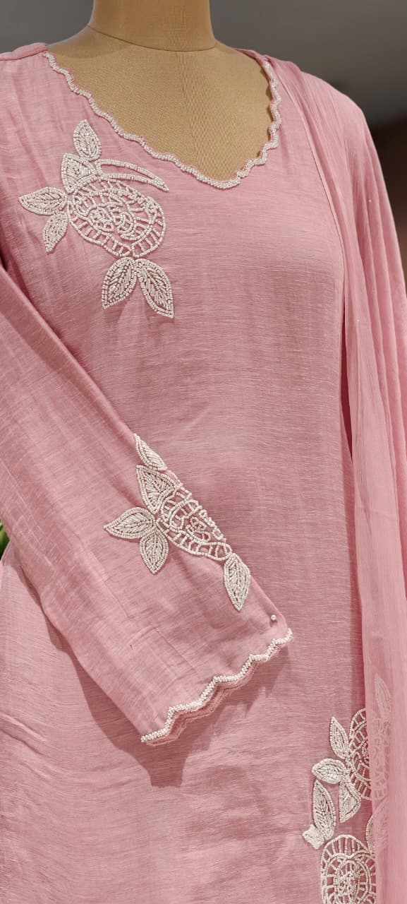 Elegant Tiny Cut-Dana Embellished Banarasi Mul Chanderi Full Suit Set With Dupatta