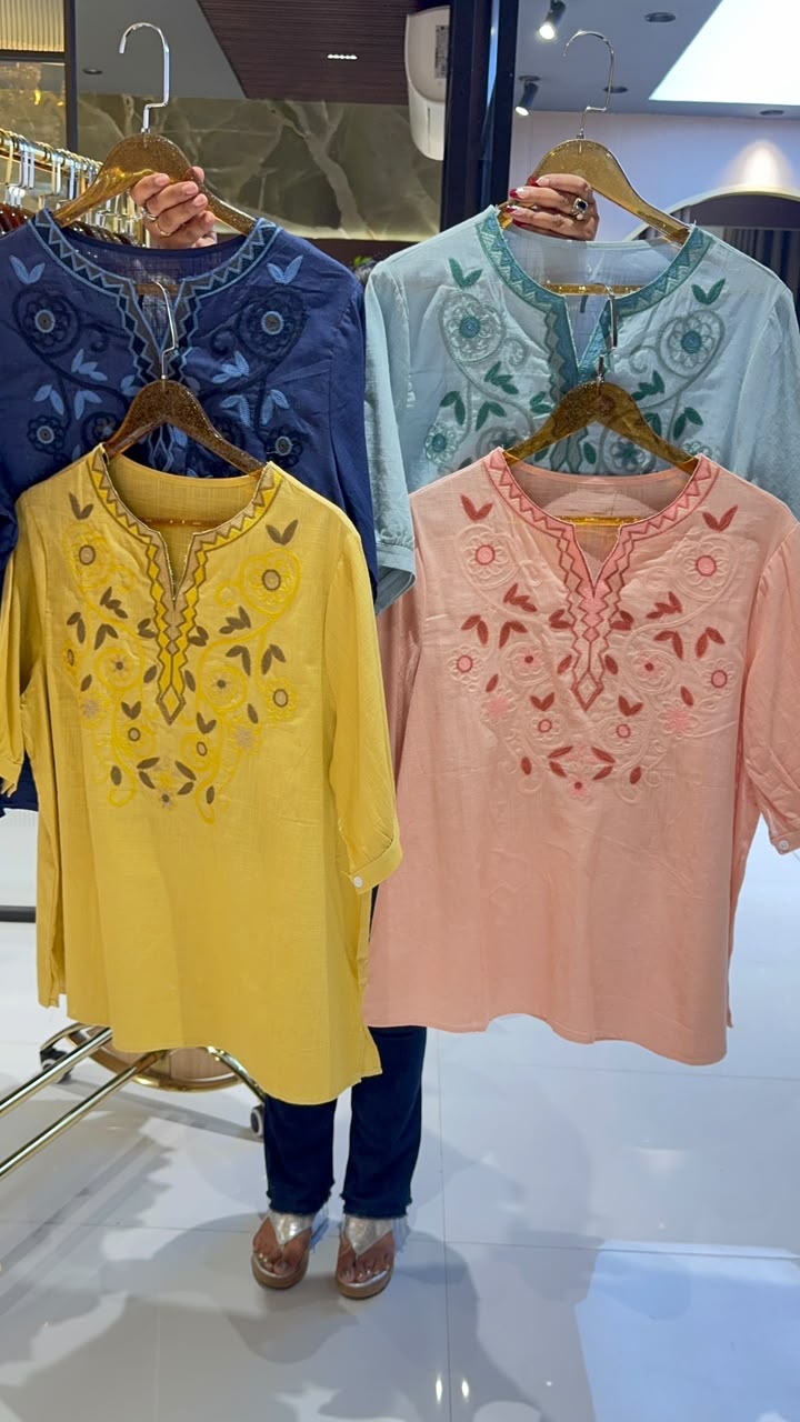 Mandarin Collar Floral Embroidered Split Neck Imported Tunic- 15137