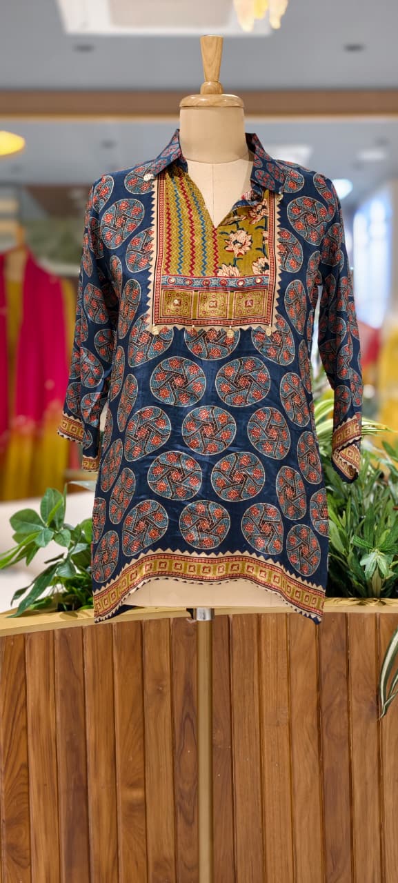 Indigo Blue Medallion Print Crepe Tunic with Embellished Mustard Yoke- 15434