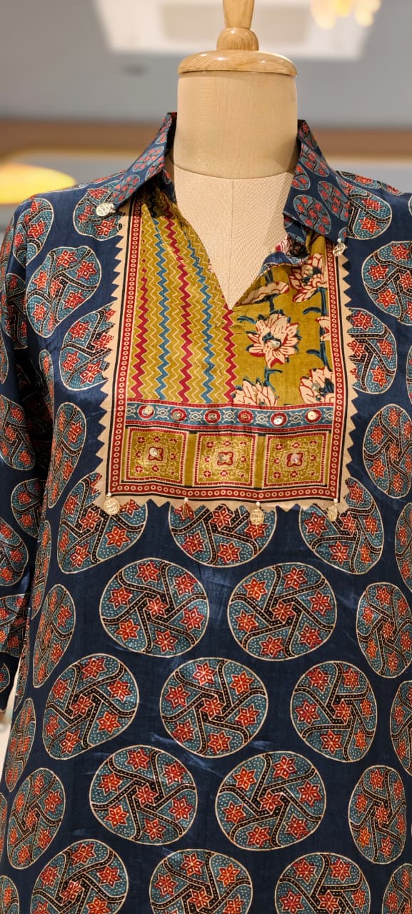 Indigo Blue Medallion Print Crepe Tunic with Embellished Mustard Yoke- 15434