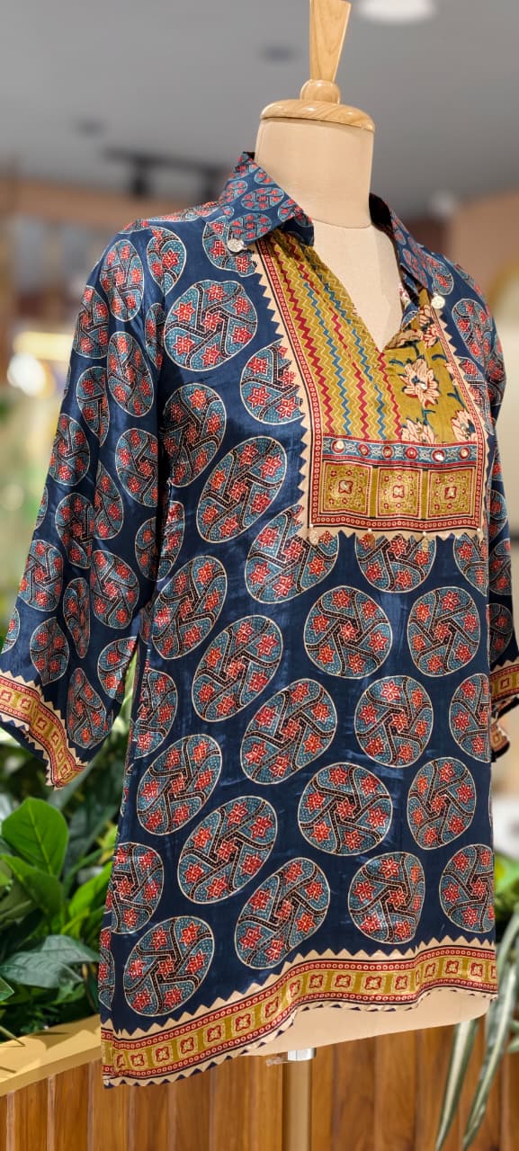Indigo Blue Medallion Print Crepe Tunic with Embellished Mustard Yoke- 15434