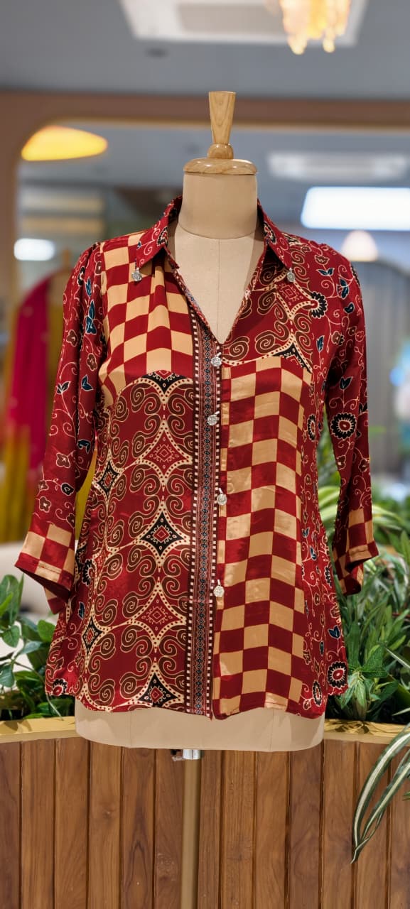 Asymmetric Checkerboard and Paisley Print Crepe Shirt- 15434