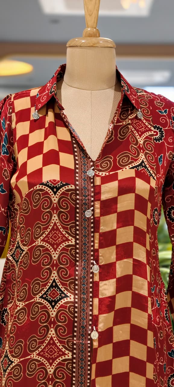 Asymmetric Checkerboard and Paisley Print Crepe Shirt- 15434