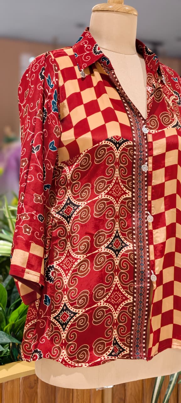 Asymmetric Checkerboard and Paisley Print Crepe Shirt- 15434