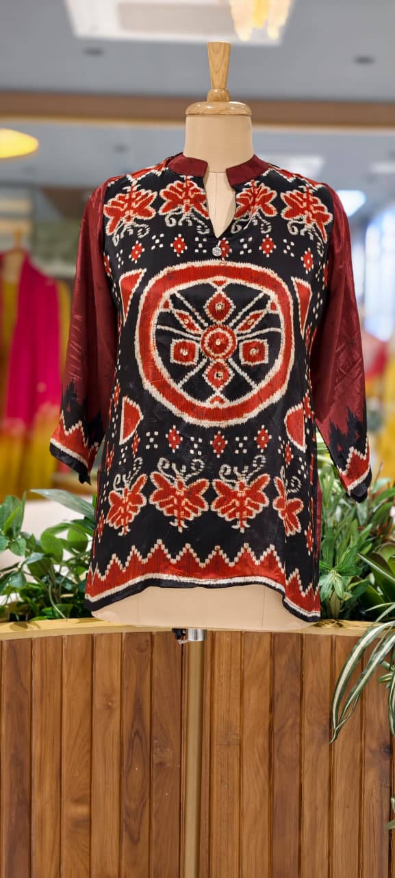 Red and Black Ikat Print Silk Tunic with Center Mandala Motif- 15434