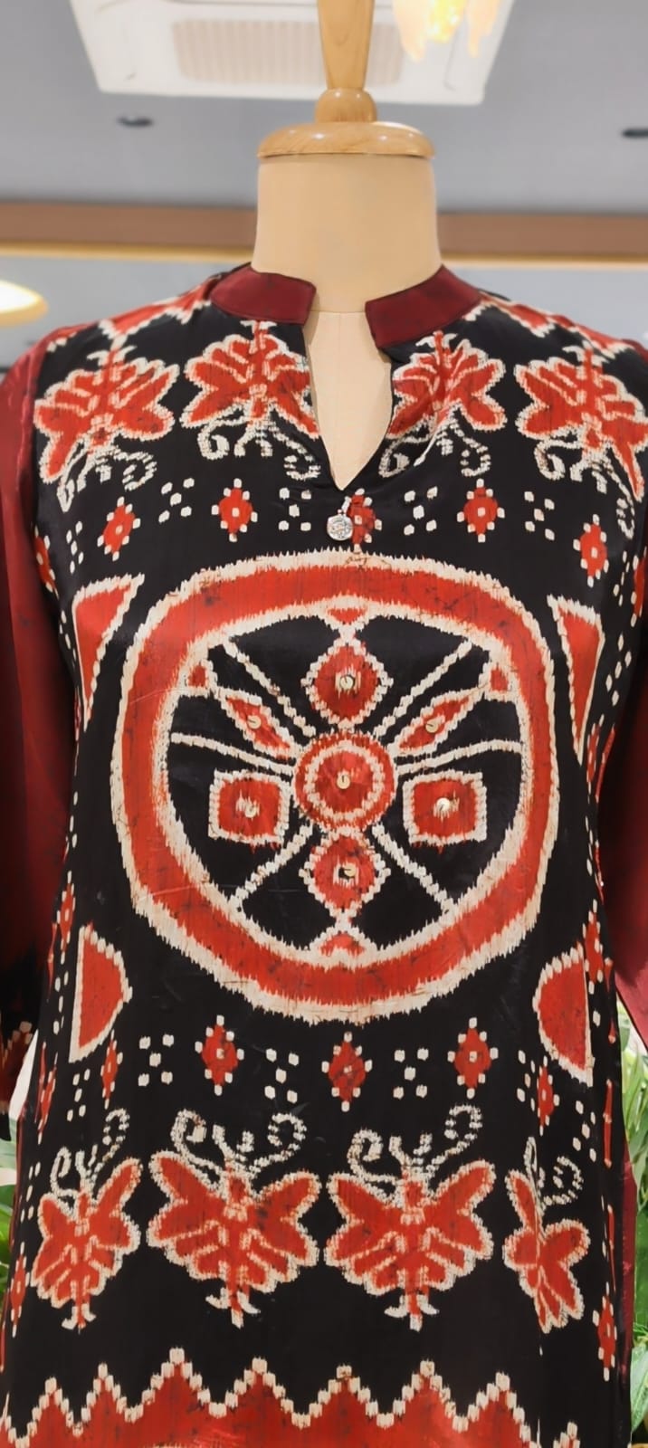 Red and Black Ikat Print Silk Tunic with Center Mandala Motif- 15434