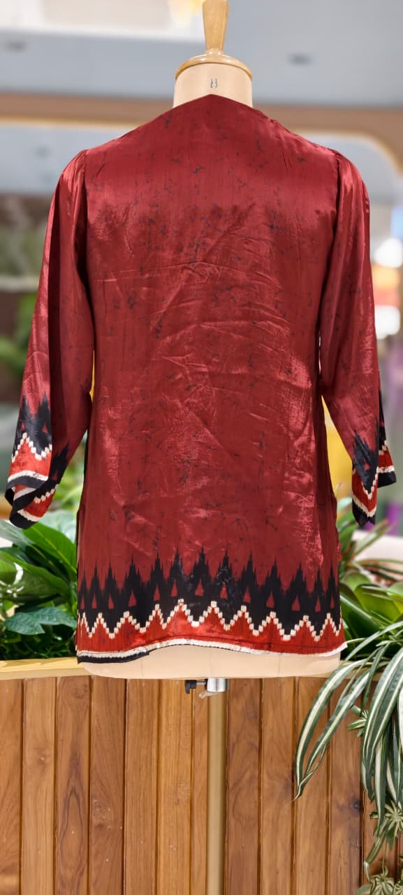 Red and Black Ikat Print Silk Tunic with Center Mandala Motif- 15434