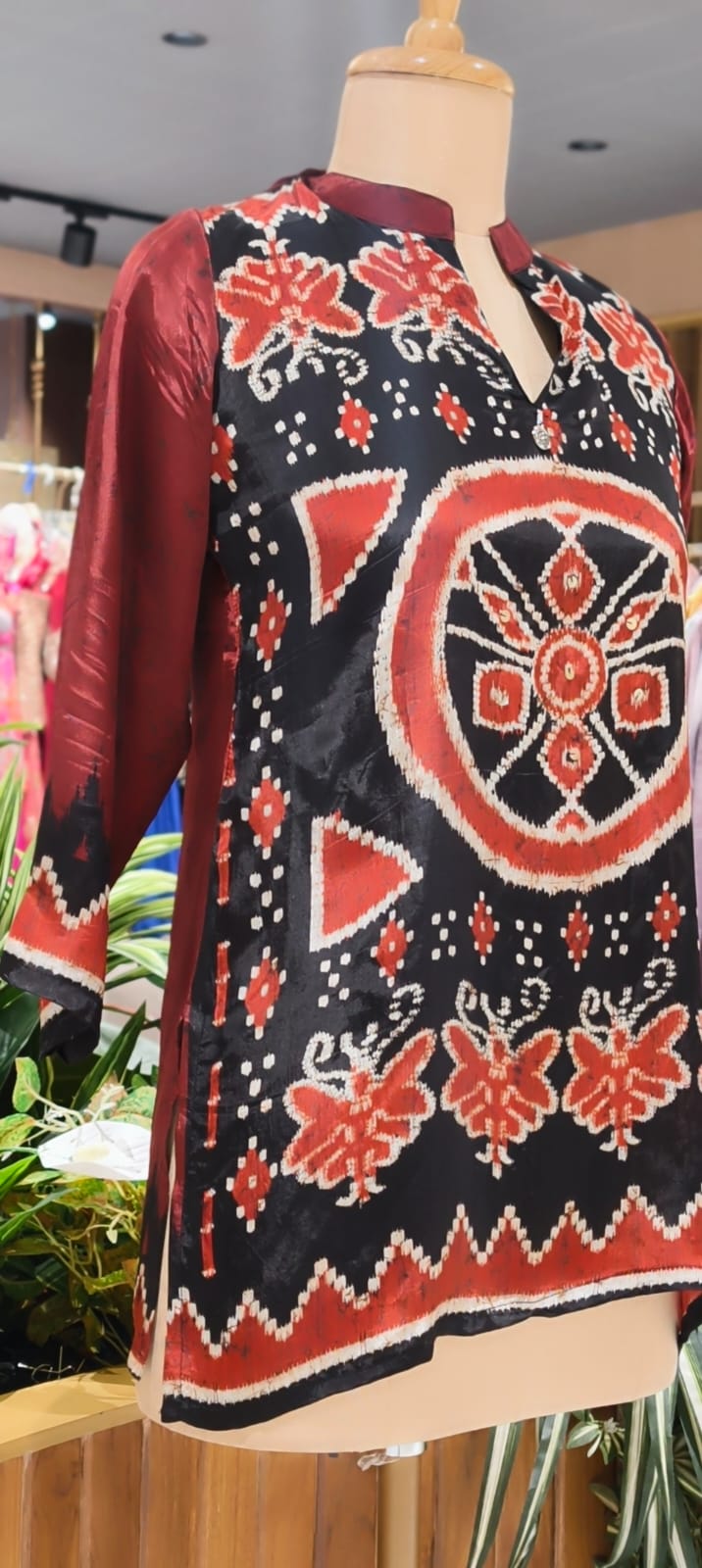 Red and Black Ikat Print Silk Tunic with Center Mandala Motif- 15434