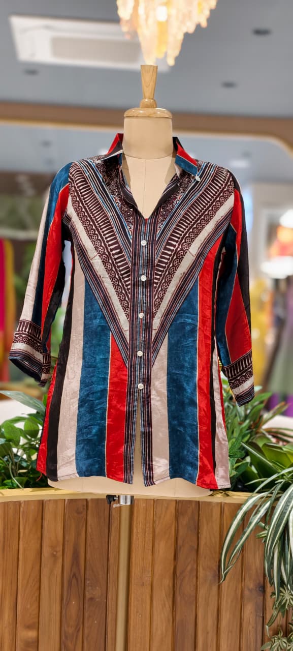 Chroma Striped Crepe Shirt-Tunic in Teal and Crimson- 15434