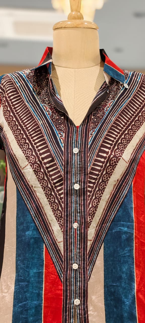 Chroma Striped Crepe Shirt-Tunic in Teal and Crimson- 15434