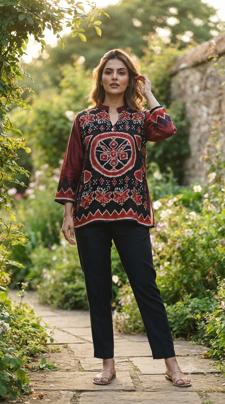 Red and Black Ikat Print Silk Tunic with Center Mandala Motif- 15434