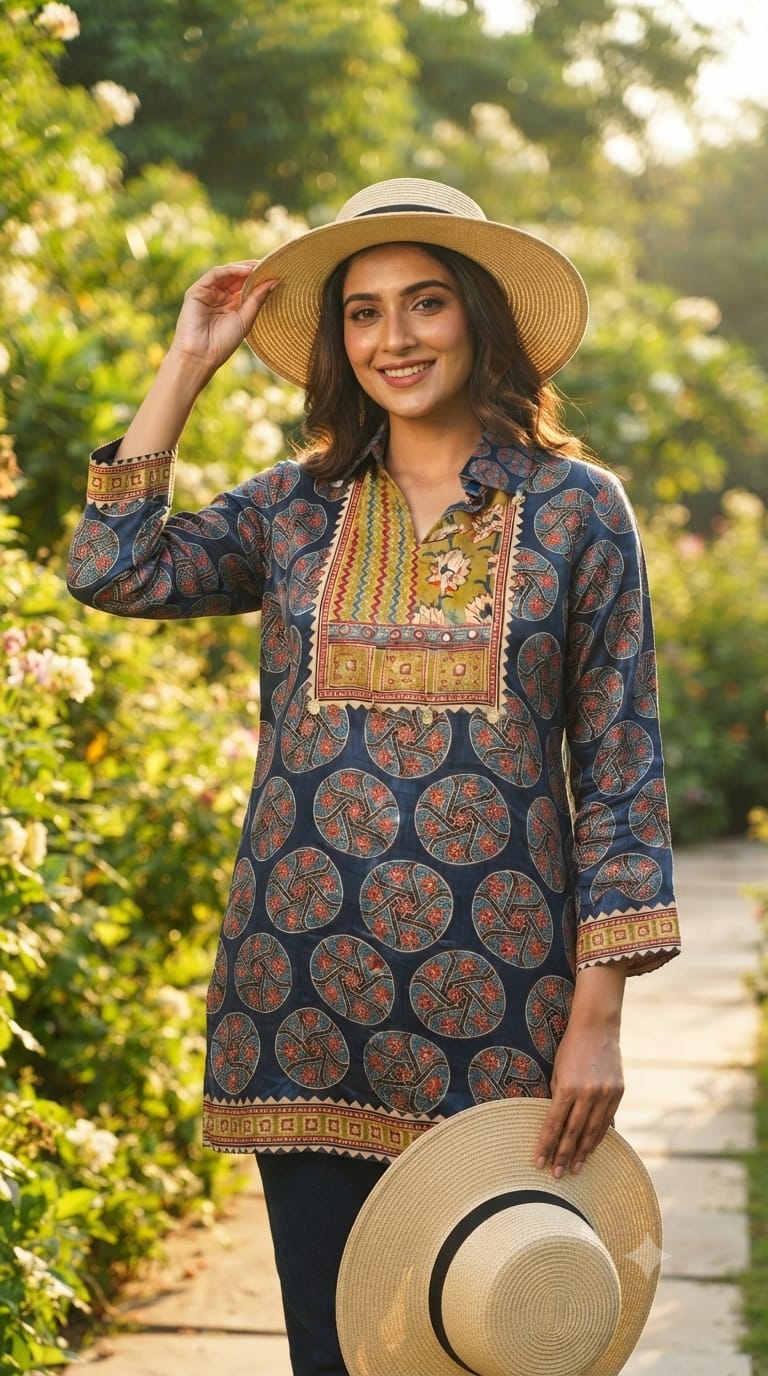 Indigo Blue Medallion Print Crepe Tunic with Embellished Mustard Yoke- 15434
