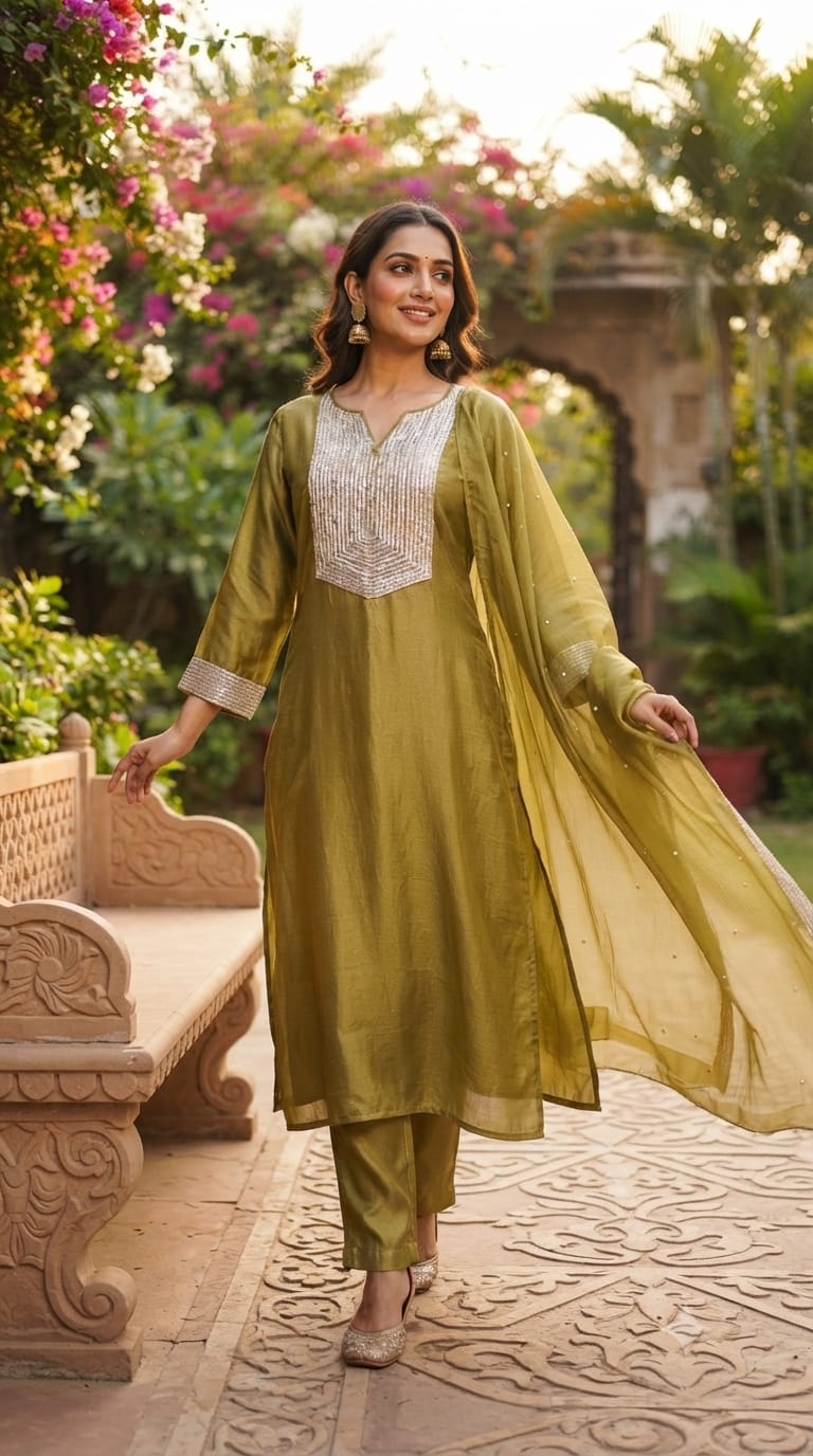 Kareena Kapoor Inspired Sequin Embellished Shiny Yoke Tissue A-Line Full Suit Set With Dupatta- 15346