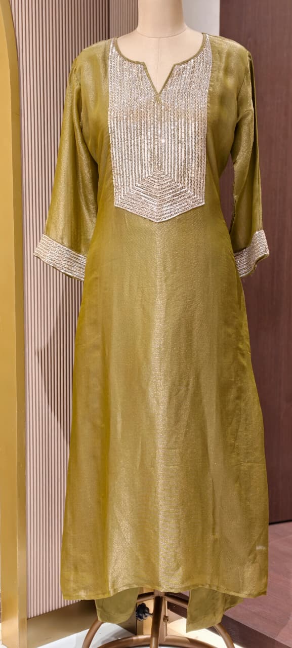Kareena Kapoor Inspired Sequin Embellished Shiny Yoke Tissue A-Line Full Suit Set With Dupatta- 15346