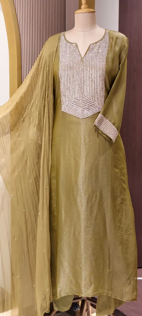 Kareena Kapoor Inspired Sequin Embellished Shiny Yoke Tissue A-Line Full Suit Set With Dupatta- 15346