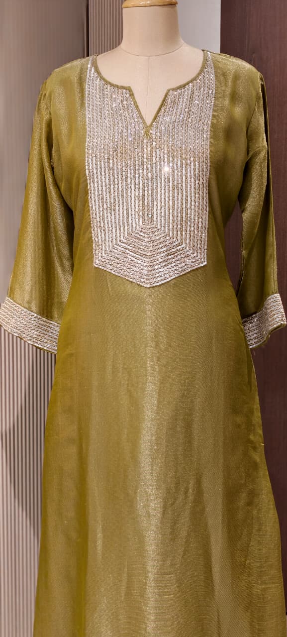 Kareena Kapoor Inspired Sequin Embellished Shiny Yoke Tissue A-Line Full Suit Set With Dupatta- 15346