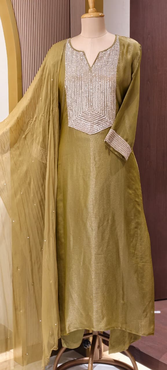 Kareena Kapoor Inspired Sequin Embellished Shiny Yoke Tissue A-Line Full Suit Set With Dupatta- 15346
