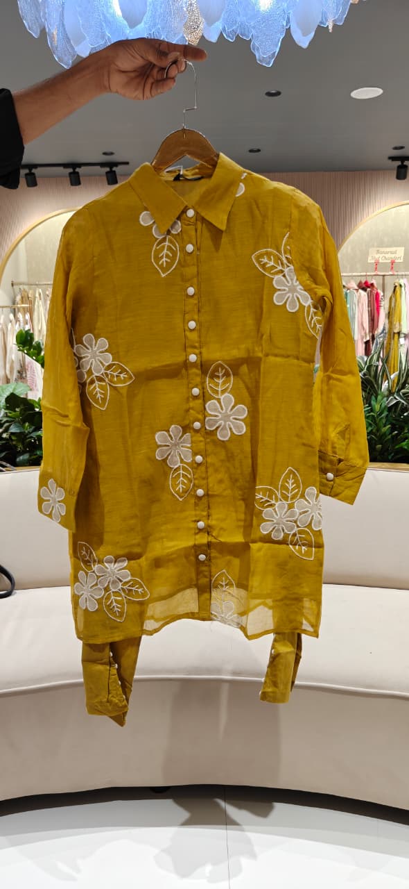 Cute Floral Applique Look Embroidered Banarasi Mul-Chanderi Co-Ord Set- 15435