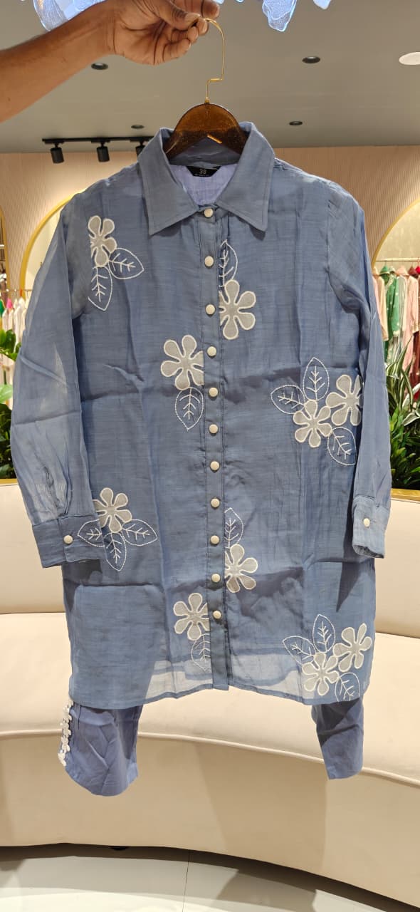 Cute Floral Applique Look Embroidered Banarasi Mul-Chanderi Co-Ord Set- 15435