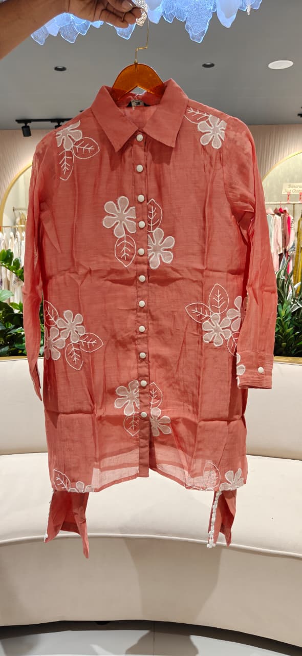 Cute Floral Applique Look Embroidered Banarasi Mul-Chanderi Co-Ord Set- 15435