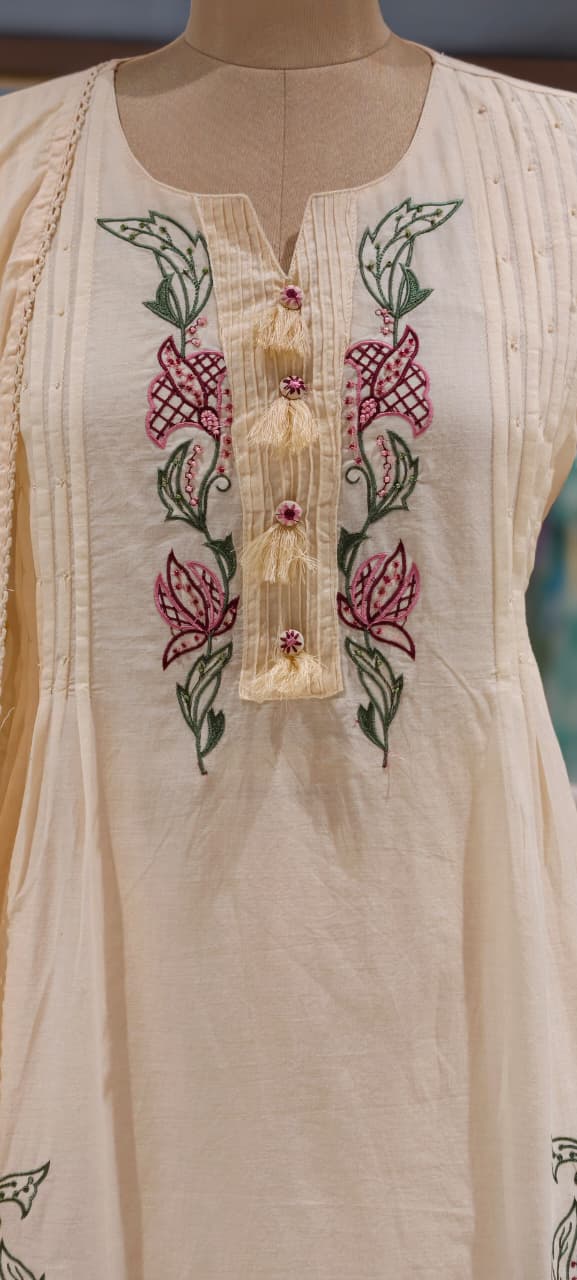 Colorful Leaf Intricate Embroidery Pleated A-Line Cotton Full Suit Set With Dupatta- 15437
