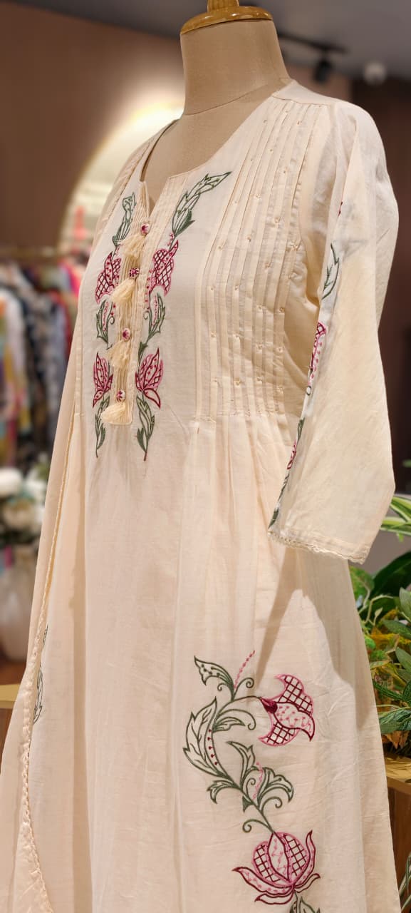 Colorful Leaf Intricate Embroidery Pleated A-Line Cotton Full Suit Set With Dupatta- 15437