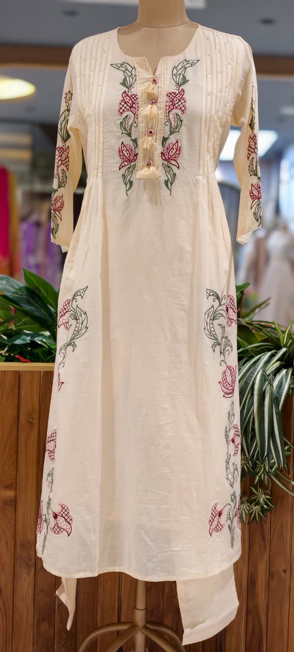 Colorful Leaf Intricate Embroidery Pleated A-Line Cotton Full Suit Set With Dupatta- 15437