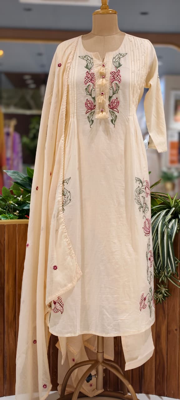 Colorful Leaf Intricate Embroidery Pleated A-Line Cotton Full Suit Set With Dupatta- 15437
