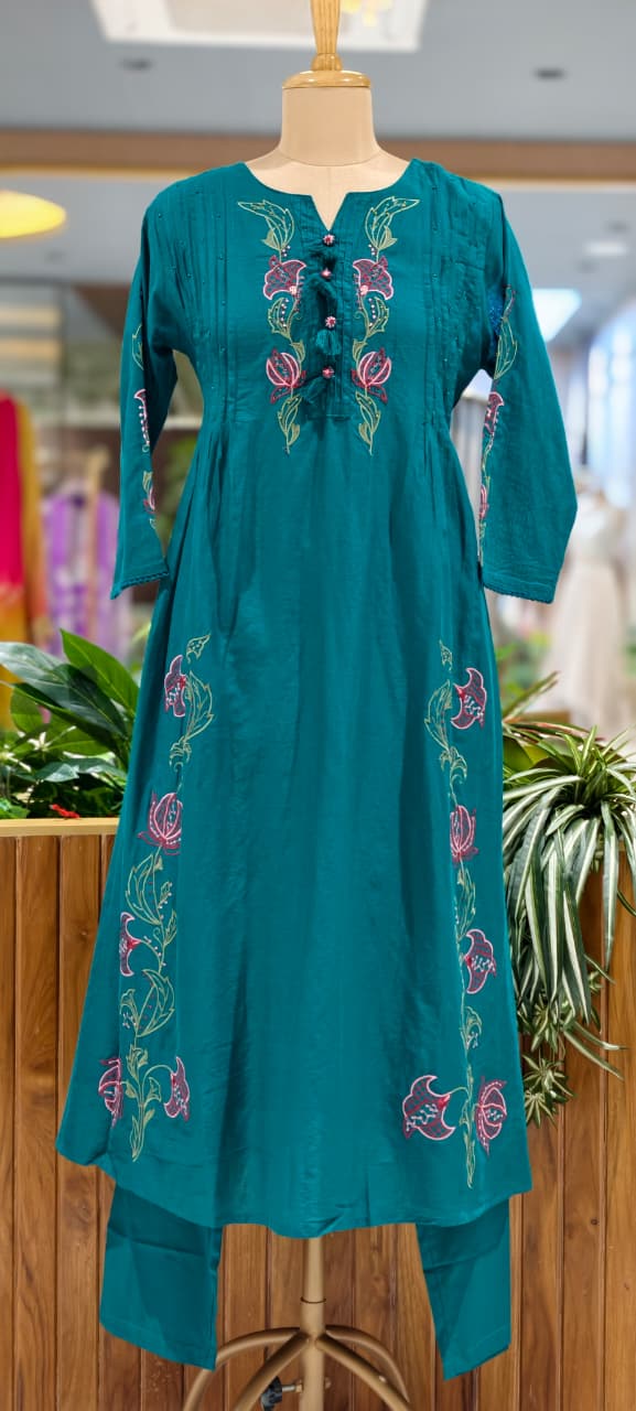 Colorful Leaf Intricate Embroidery Pleated A-Line Cotton Full Suit Set With Dupatta- 15437