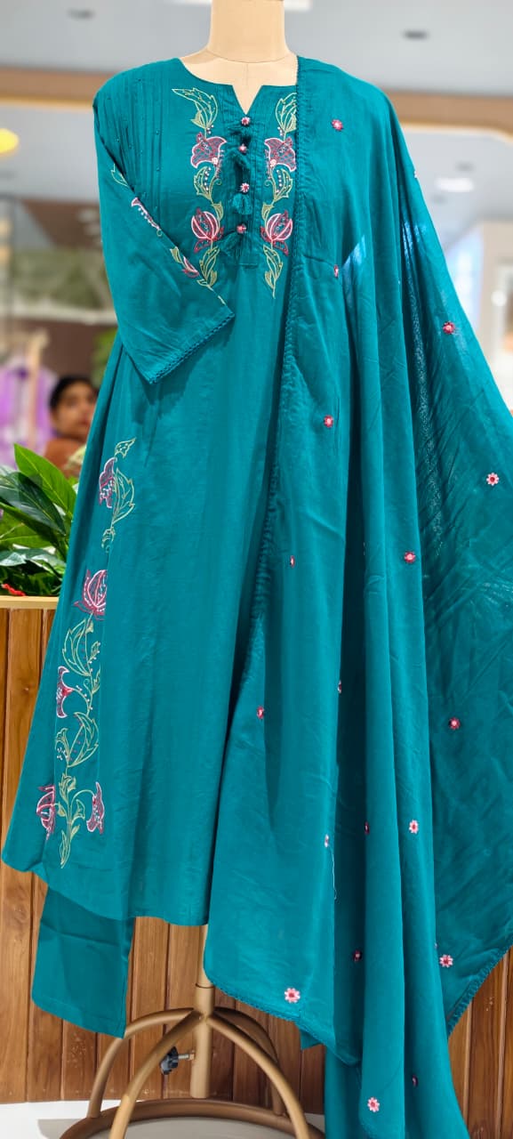 Colorful Leaf Intricate Embroidery Pleated A-Line Cotton Full Suit Set With Dupatta- 15437