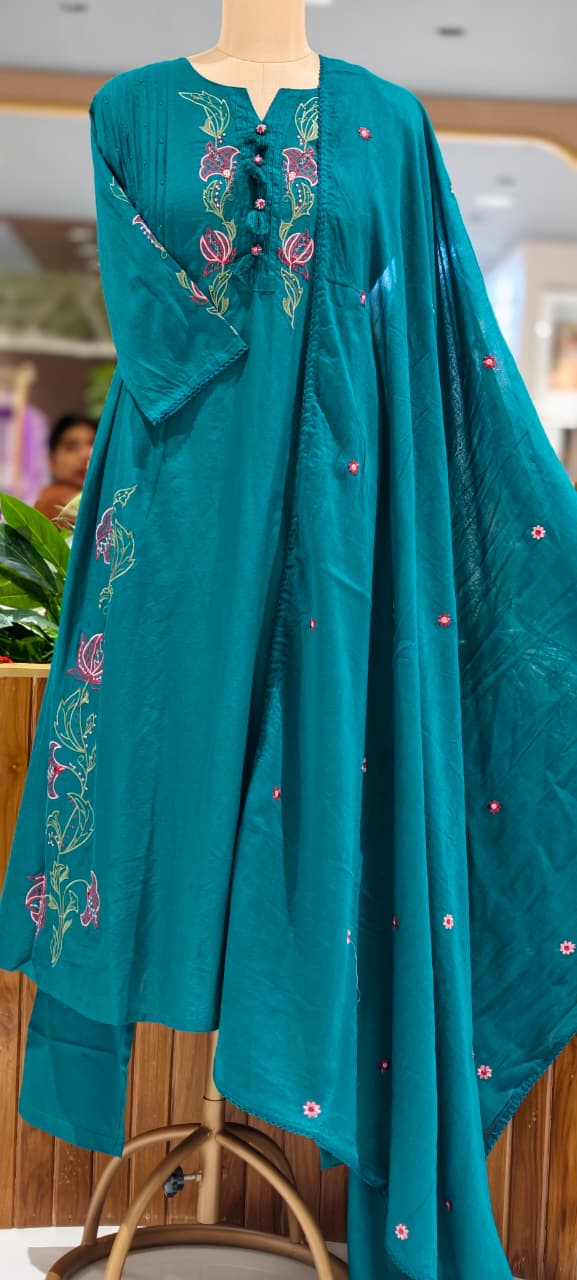 Colorful Leaf Intricate Embroidery Pleated A-Line Cotton Full Suit Set With Dupatta- 15437
