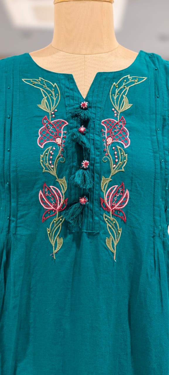 Colorful Leaf Intricate Embroidery Pleated A-Line Cotton Full Suit Set With Dupatta- 15437