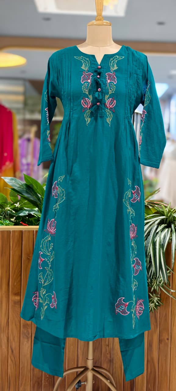 Colorful Leaf Intricate Embroidery Pleated A-Line Cotton Full Suit Set With Dupatta- 15437