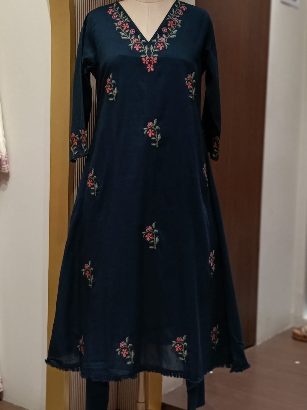 Floral Branch Cross Stitch Intricate Embroidery A-Line Cotton Full Suit Set With Dupatta - 15436