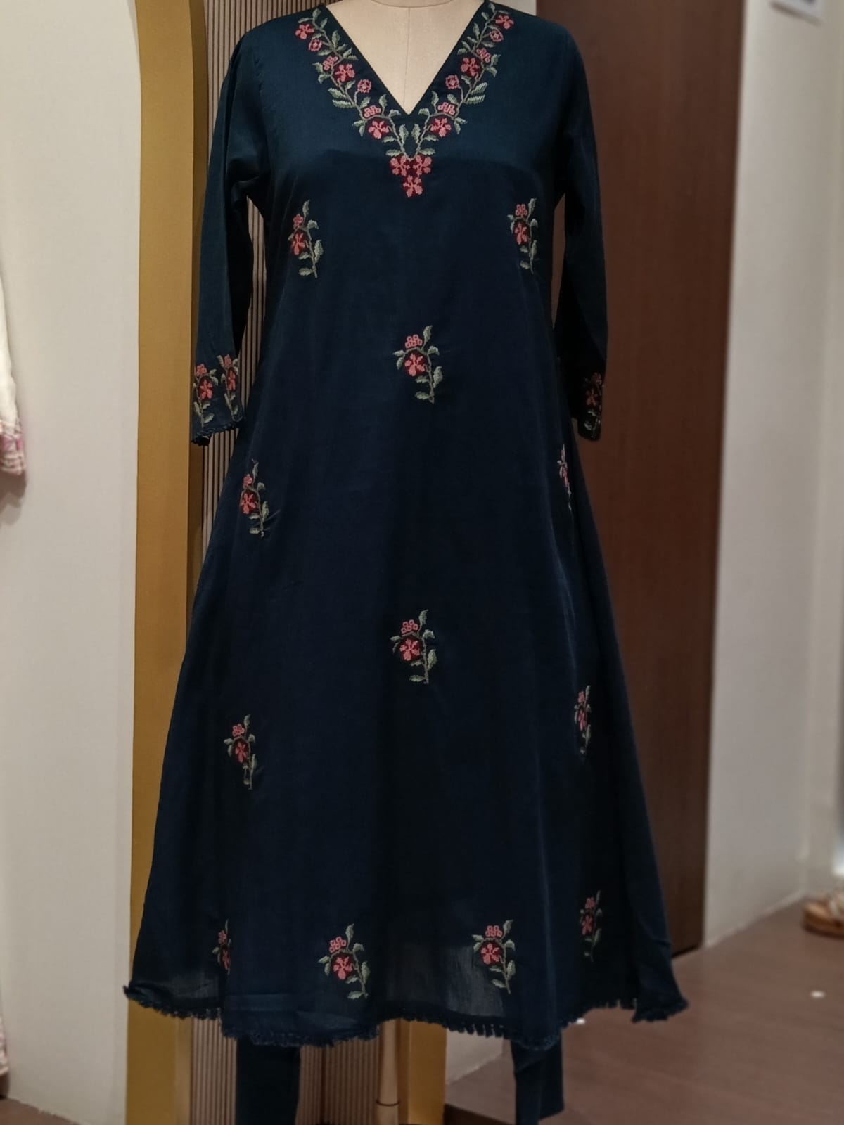 Floral Branch Cross Stitch Intricate Embroidery A-Line Cotton Full Suit Set With Dupatta - 15436