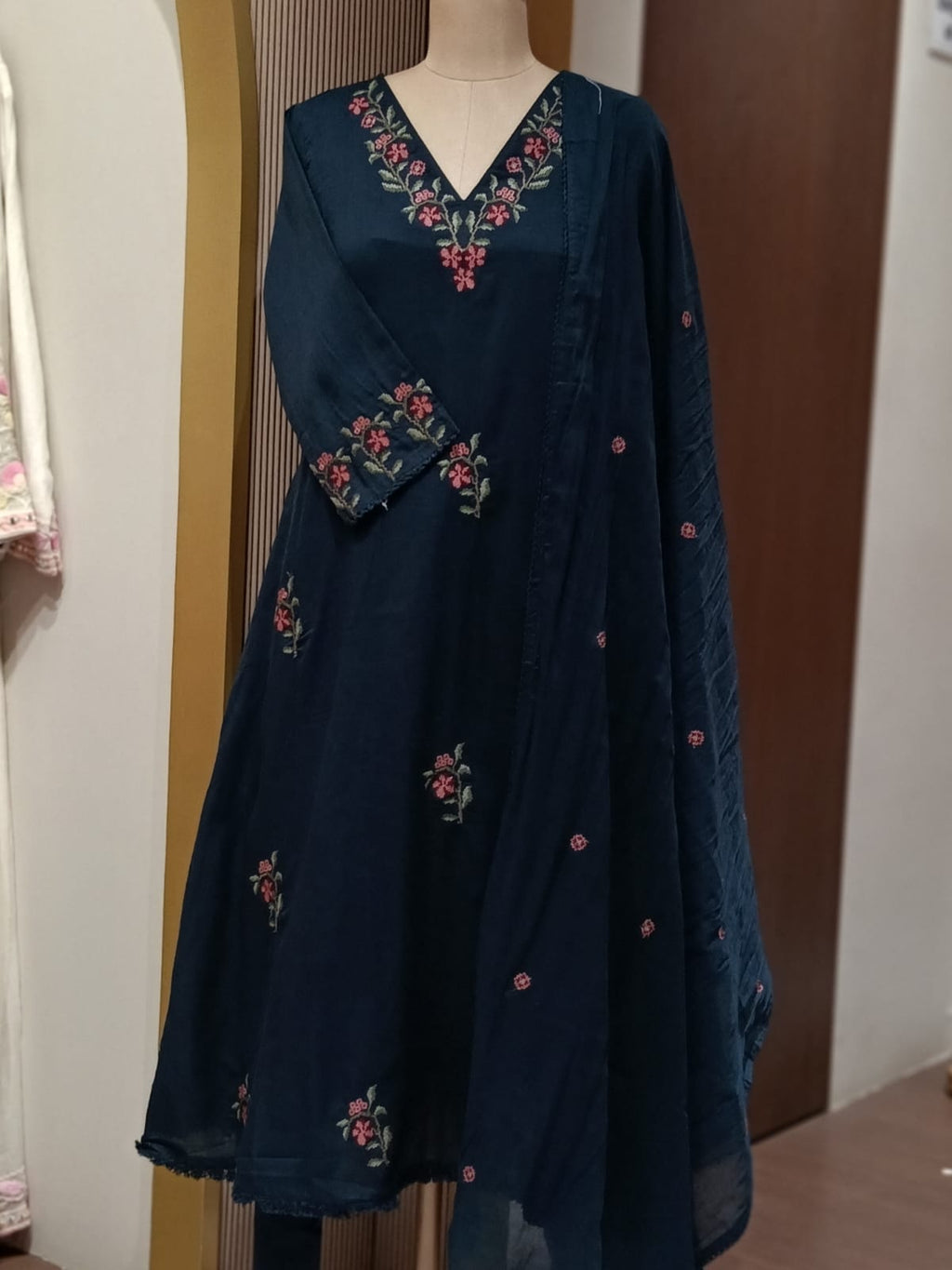 Floral Branch Cross Stitch Intricate Embroidery A-Line Cotton Full Suit Set With Dupatta - 15436