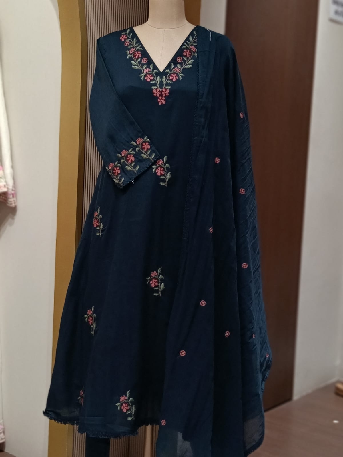 Floral Branch Cross Stitch Intricate Embroidery A-Line Cotton Full Suit Set With Dupatta - 15436