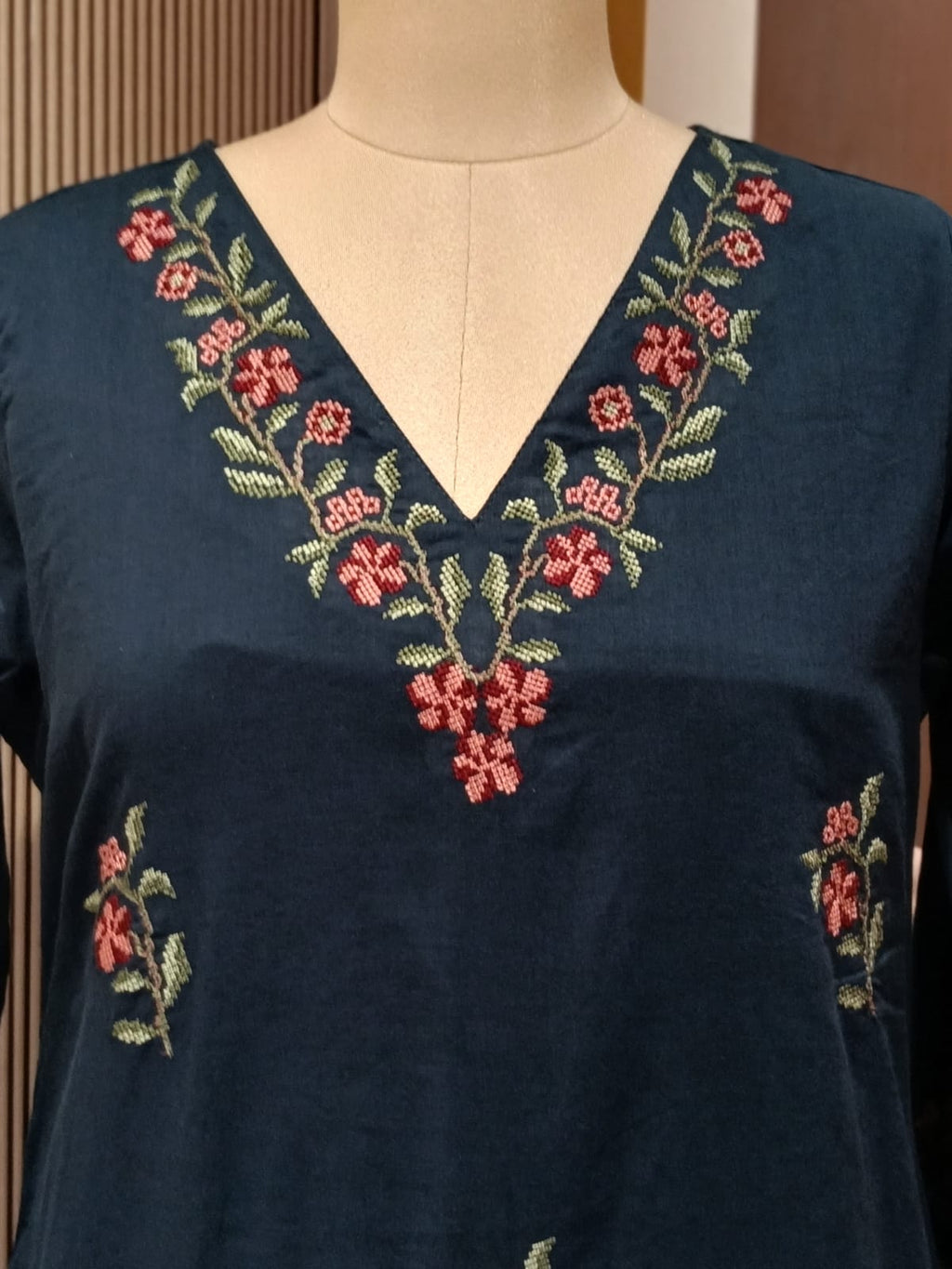 Floral Branch Cross Stitch Intricate Embroidery A-Line Cotton Full Suit Set With Dupatta - 15436