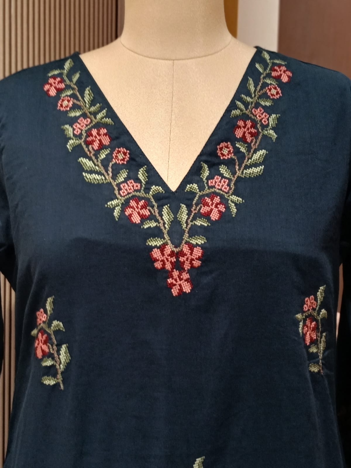 Floral Branch Cross Stitch Intricate Embroidery A-Line Cotton Full Suit Set With Dupatta - 15436